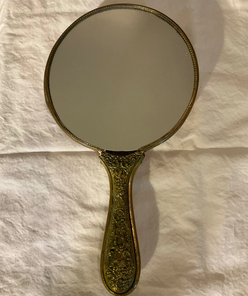 "Espejo de mano Art Nouveau Angels querubines borde rosa mango de latón vintage antiguo 9""" Foto 3 de 4