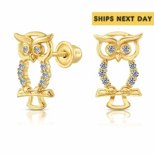 10K Real Solid Yellow Gold Baby Owl CZ Stud Earrings Screw-back Sleeper Studs