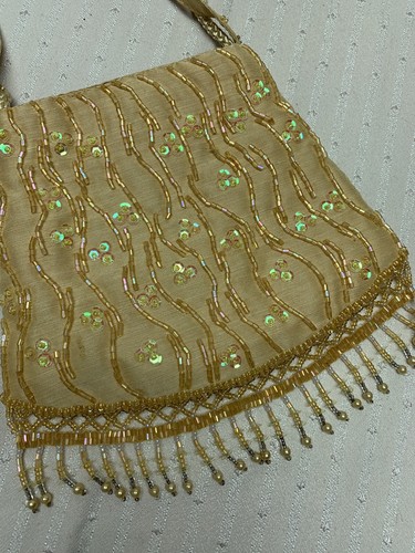 Valerie Stevens Beaded Boho Chic Gold Sequined Handbag 6 1/2” X 5” Party Evening - Picture 5 of 9