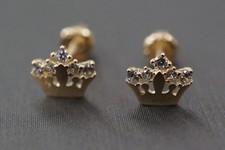 14K Solid Yellow Gold Tiny Screw Back Crown Earring With Cubic Zirconia 8860