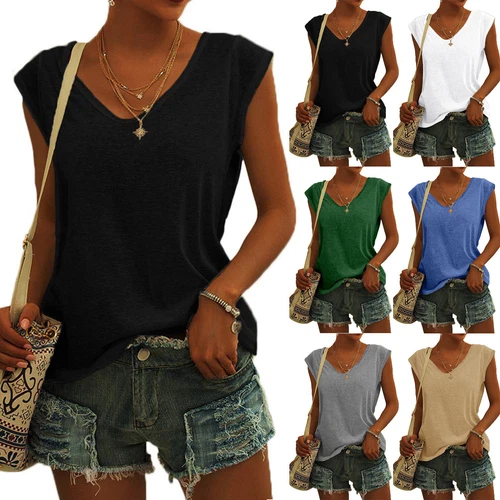 Women's V-Neck T-Shirt Casual Cap Sleeve Vest Solid Loose Blouse Fit Tank Tops - Picture 2 of 42