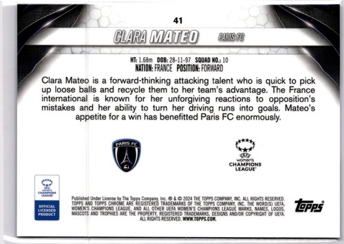 Clara Mateo 2023-24 Topps Cromo Zafiro Mujer Variación de Imagen #41 Paris FC - Imagen 2 de 2