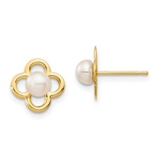 14k Yellow Gold 4-5mm White Button Cultured Pearl Stud Earrings 0.52gm L-8.1mm