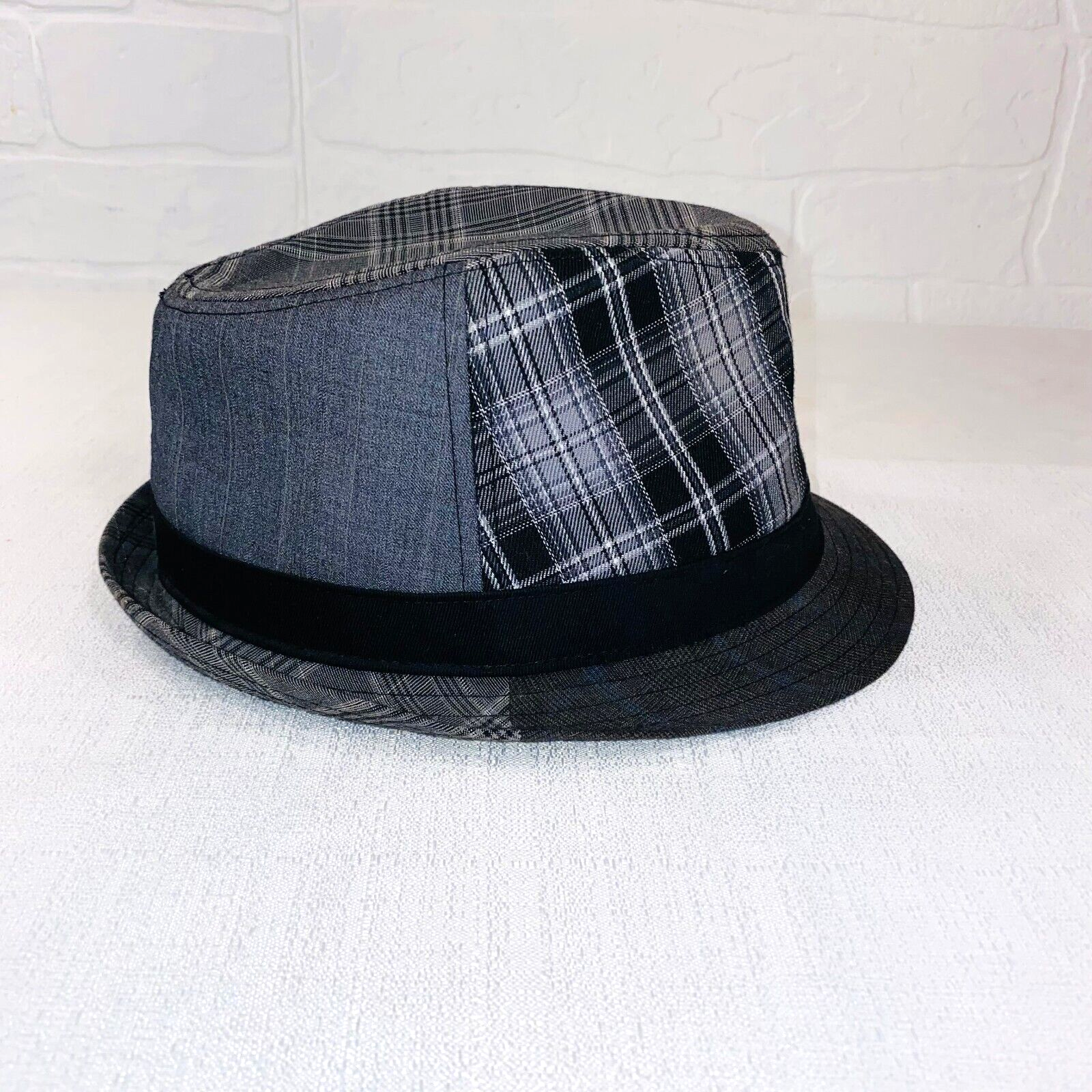 Gray Plaid Fedora Hat for Men with Black Band-image