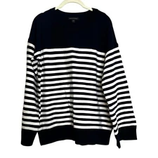 Banana Republic Womens Sweater Medium Navy White Stripe Merino Wool Blend