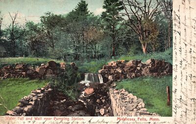 Vintage Postcard 1912 Water Fall & Wall near Pumping Station Middlesex Fells MA