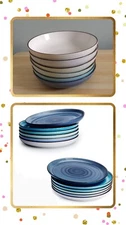 Sweese Porcelain Pasta Bowls+Lunch+Dinner Plates Gradient Blue Swirl Sets 6 Ea.