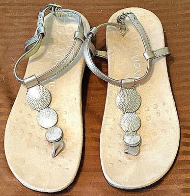 Vionic Women's Thong Sandals Leather Buckle Silver/Beige US 7 EU 38 UK 5