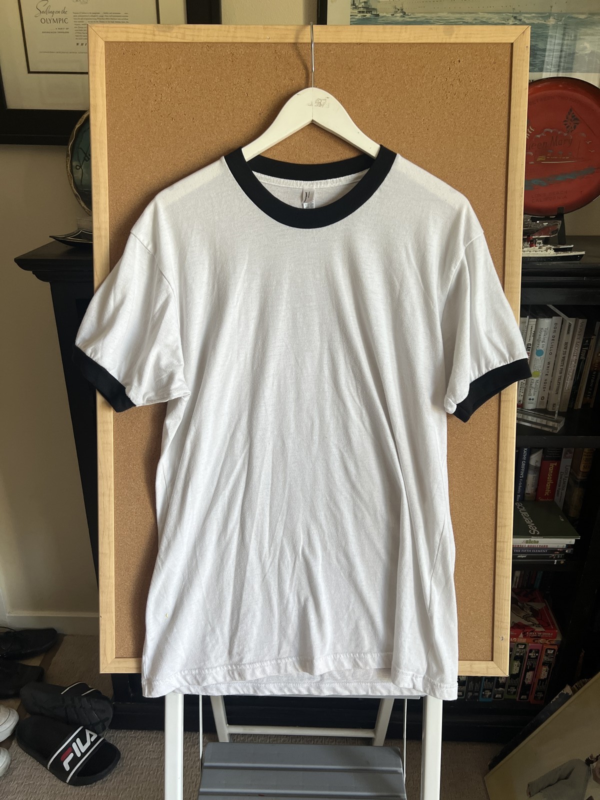 American Apparel White Black Ringer T-Shirt Size L 50/50 Cotton Blend