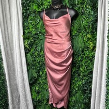 Ruched Midi Dress Size 2XL Rose Pink Satin Cowl Neck 3272