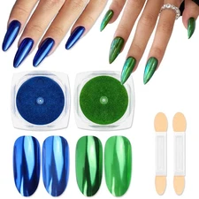 evpct 2Pcs Blue Green Metallic Mirror Effect Chrome Nail Powder Kit for Nails...