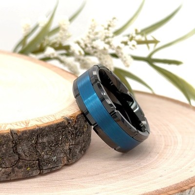 8mm Polished Black Tungsten Carbide Band Blue Brushed Finish Christmas Gift Ring