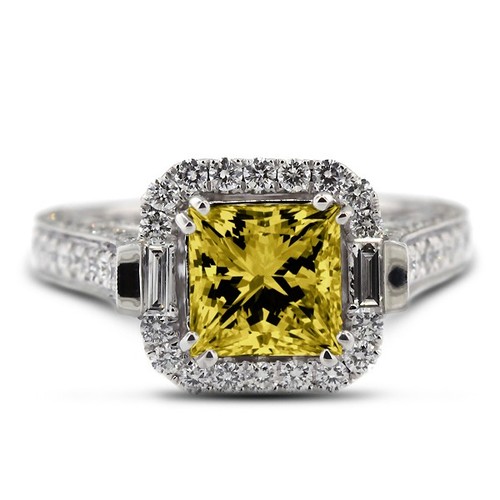 2.81ct Yellow VS2 Princess Natural Certified Diamonds 18k Halo Side Stone Ring - Picture 3 of 11