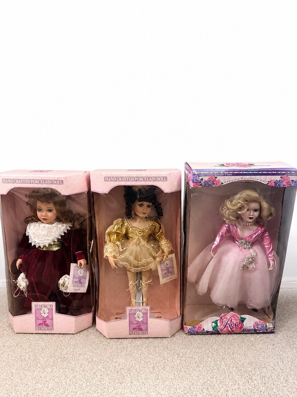 Collectible Memories branded porcelain Dolls (Lot Of 3) In Box And Rose Doll