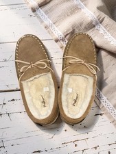 My Slippers Camel Brown Suede Leather Moccasins Faux Fur Lined Women  s Size 8