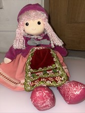 Vintage Handmade Musical Rag Doll Moving Head Wind Up Folk Dress Pink Hair 15"