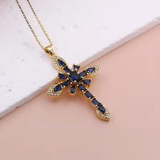 Blue  Gold Crystal Cross Pendant Necklace Christian Faith Jewelry Women Gift