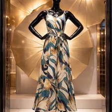 Multicolor Abstract Sleeveless V-Neck Belted Midi A-Line Dress Bohemian