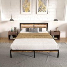 King Bed Frame, Vintage Wooden Headboard, Metal Platform Base, Steel Slatted Sup