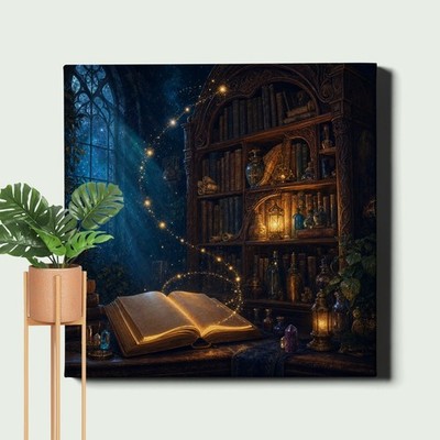 Magical Library with Open Book and Glowing Orbs Poster Print fantasy scene