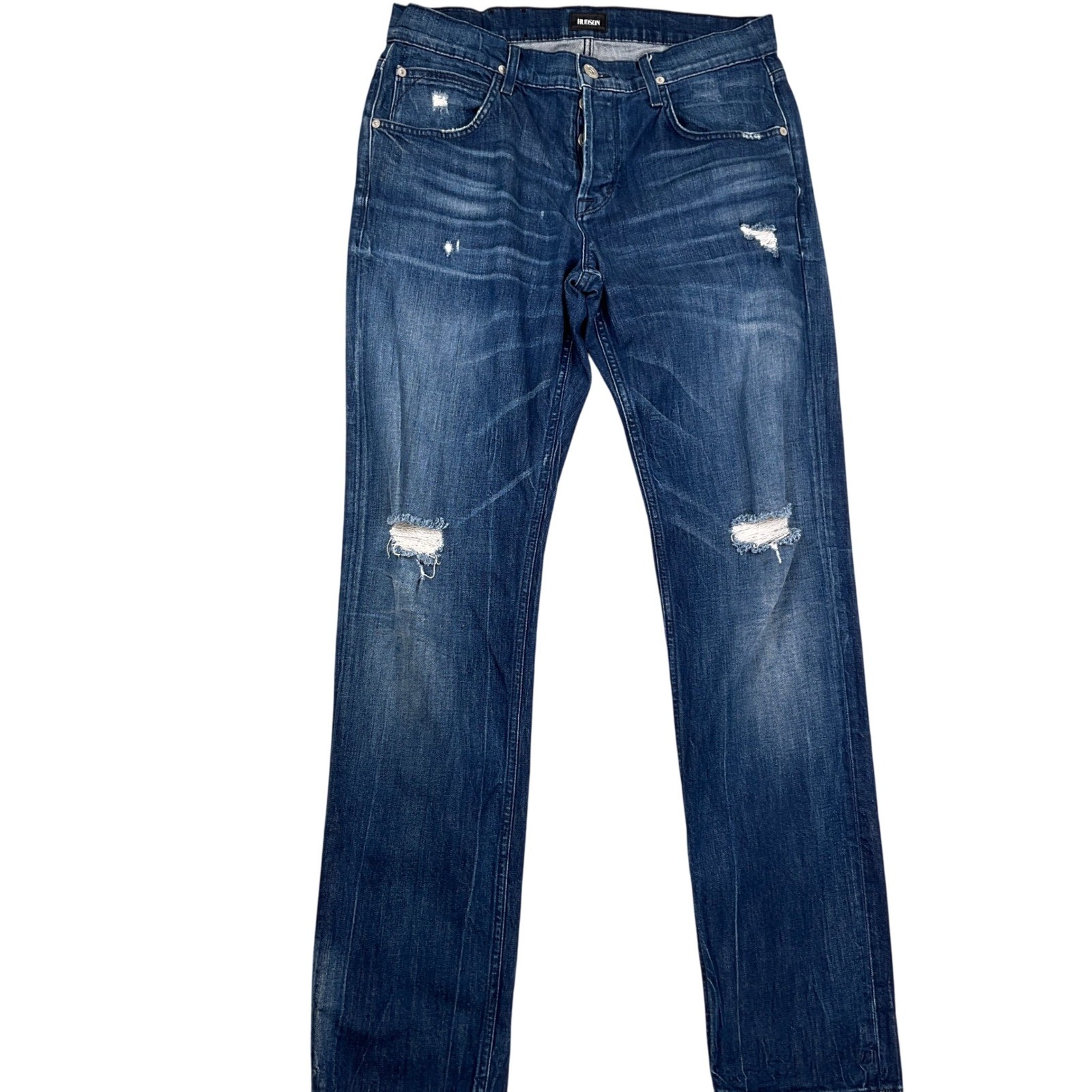 S 34 Blue Button Fly Slim Fit Straight Distressed Denim
