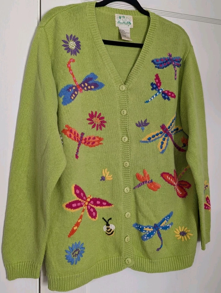 VTG Quacker Factory Lime Green Dragonfly Bee Floral Cardigan Sweater Women’s L - Image 2 of 4