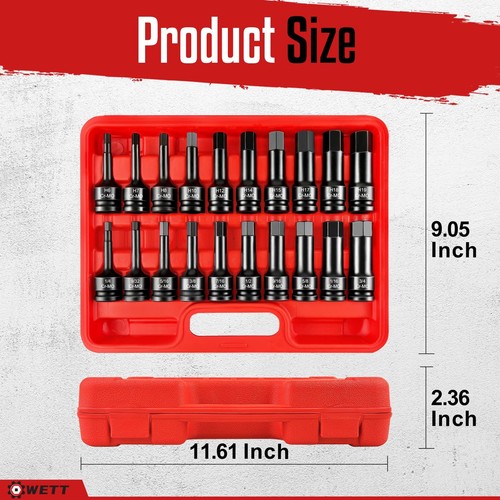 WETT 1/2" Drive Master Impact Hex Bit Set 20 Piece Hex Driver Socket ...