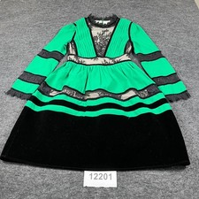 Womens Fit & Flare Dress Small Green Black Silk Lace Velvet Trim Pleated Front