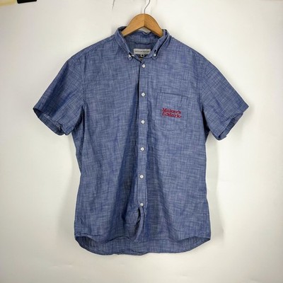 Makers Mark Mens Blue Chambray Short Sleeve Button Down Shirt Large Logo Pocket