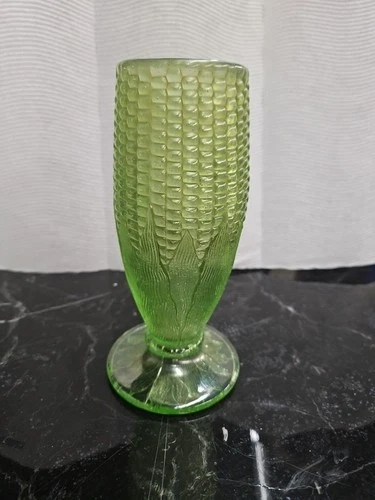 Pretty Ice Green Northwood Carnival Glass Corn Vase W Stalk Base Signed N
