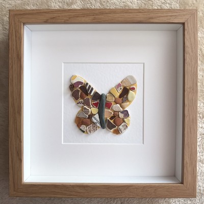 Handarbeit Kiesel Kunst Bilderrahmen Meer Keramik Schmetterling Geburtstag Unikat Geschenk