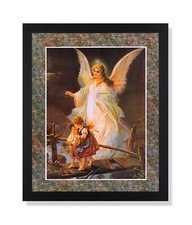 Religious Wall Art Print Guardian Angel Children Bridge Black Frame