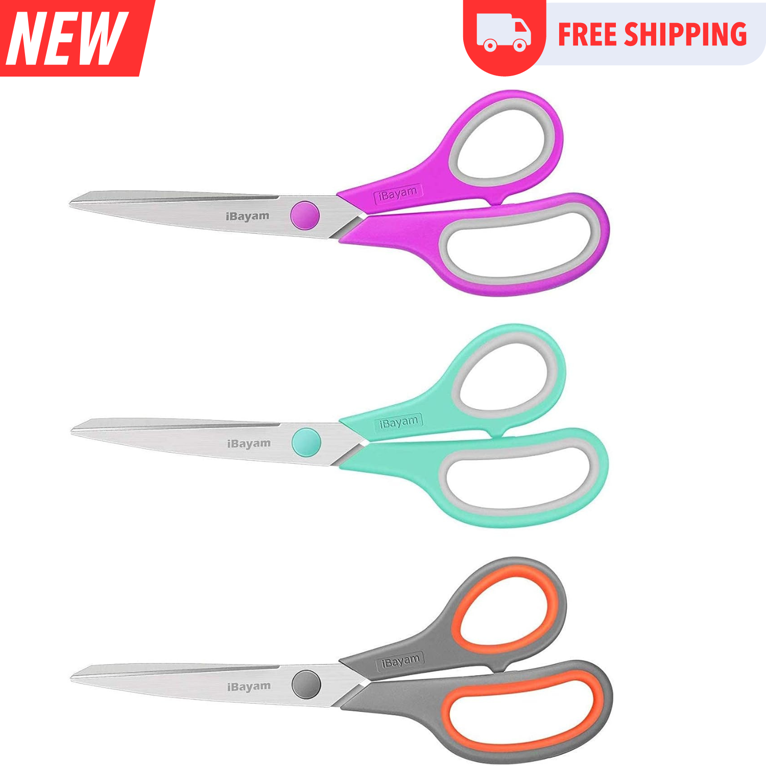 Scissors, iBayam 8 All Purpose Scissors Bulk 3-Pack, Ultra Sharp 2.5mm Thick Bla-image