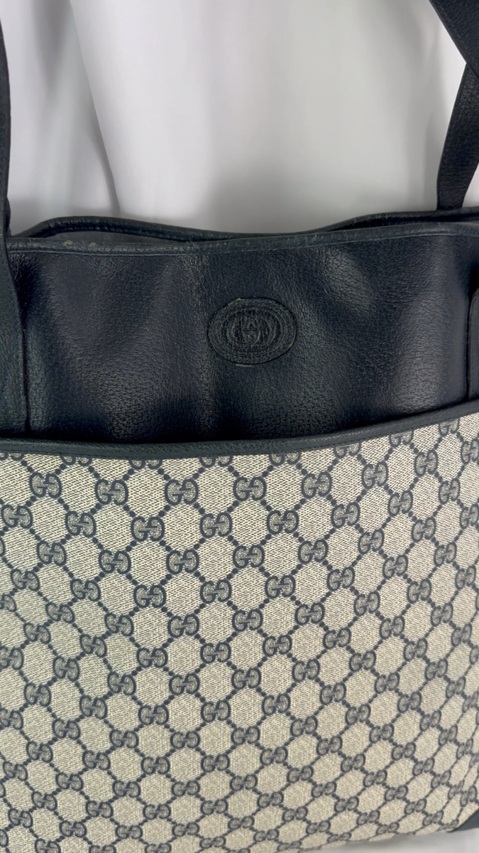 GUCCI Navy Blue GG Canvas and Leather Trim Shopping Tote Bag Made