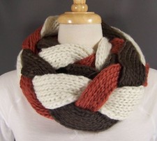 Brown Rust White knit braid braided circle infinity endless loop scarf crochet