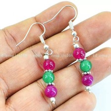 Lovely 4/6/8/10mm Rose Red Green Jade Round Gems Beaded Dangle Hook Earrings