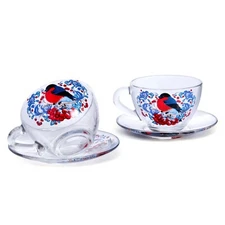 STPGOODS Bullfinches Glass Teacup with Saucer Set Of 2 [200 ml ea] Christmas Cup