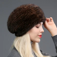 Women's Real Mink Fur Hat Beret Winter Warm Beanie Cap Headwear Brown Wine Black
