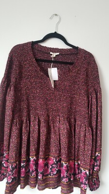 Mystree Top L Smocked Bodice Print Baby Doll Boho Hippie Peasant Shirt Blouse