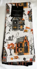 CYNTHIA ROWLEY KITCHEN TOWELS (3) HAUNTED HOUSES BLACK ORANGE 100% COTTON NWT