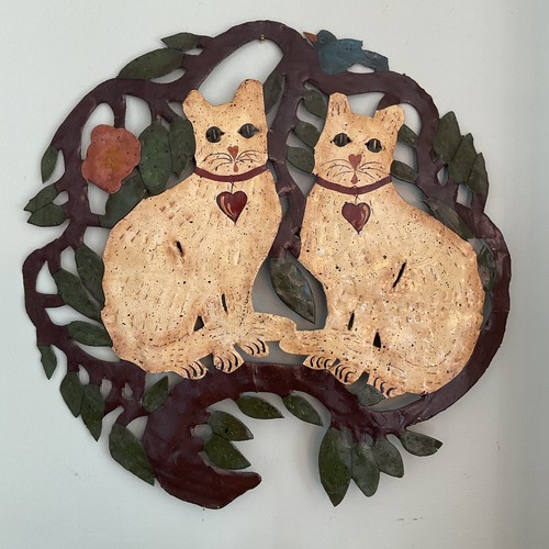 Large Vintage Metal Folk Art Primitive Wall Hanging Cats Signed Handmade 24” - Picture 2 of 5