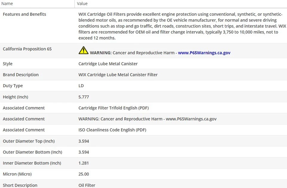 Filtro de aceite de motor OEM WIX para Chevrolet Impala 1958-1967 V8-4,6 L Foto 3 de 4