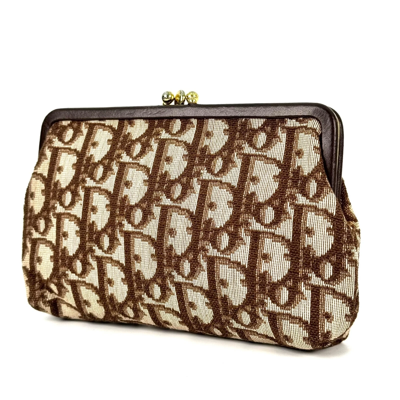 Étui à pièces à fermoir trotteur DIOR portefeuille toile pure cuir marron or