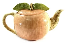 Vtg Landola Squash  Ceramic Glazed Teapot with Green Leaf Lid Cottage Farmhouse