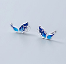 Women 925 Sterling Silver Blue Enamel Butterfly Stud Earrings Gift Box PE48