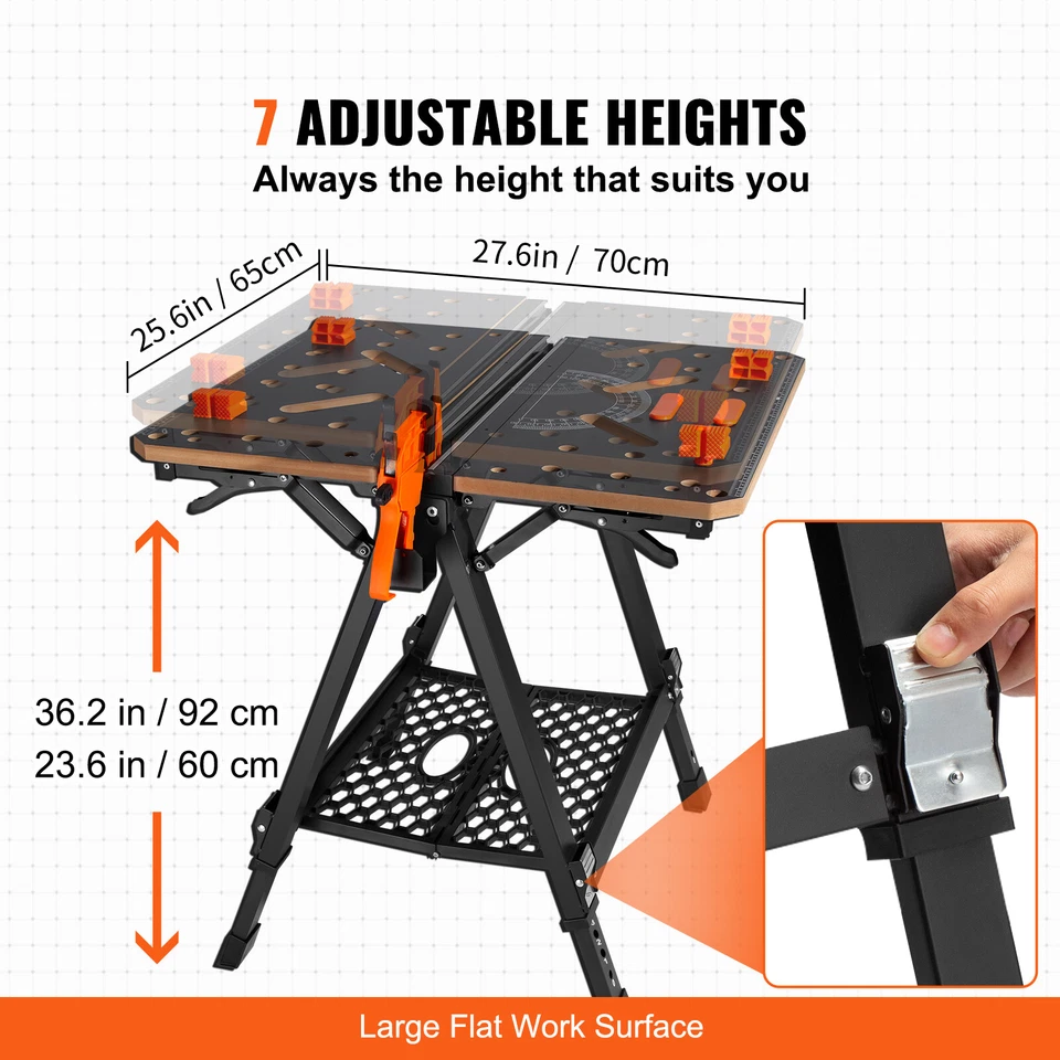 VEVOR Folding Work Table Workbench Sawhorse 1000 lbs Capacity Adjustable Heights - Image 4 of 4
