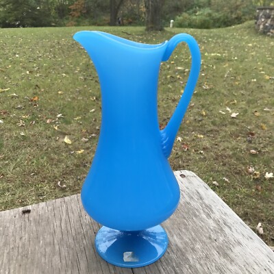 VTG Lindshammar Gunnar Ander Glass Pitcher Sweden Blue Opal 10'' Mid Century 60s