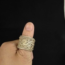 Chinese Old Tibetan Silver Carved Dragon Phoenix Rotate Finger Ring 1113