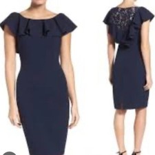 Eliza J Navy Blue Ruffle Neckline Lace Back Dress  size 12