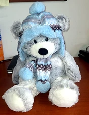 HUG FUN GREY TEDDY BEAR  With  SCARF AND HAT 16 INCH Winter Christmas.